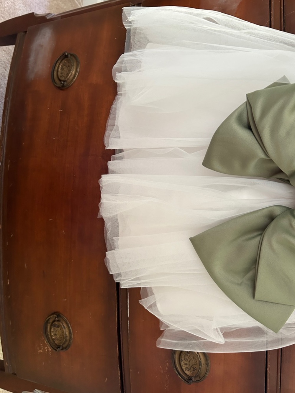 Ivory Tulle Flower Girl Dress with Green Sash - Picture 5 of 7